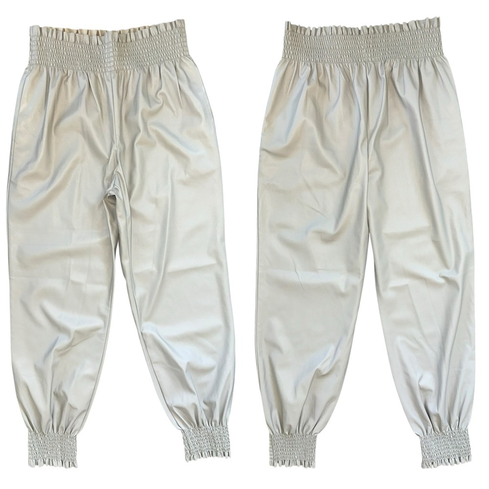 Trina Turk Stone Taupe Pull On Faux Leather Smocked Waist Jogger Pants Small